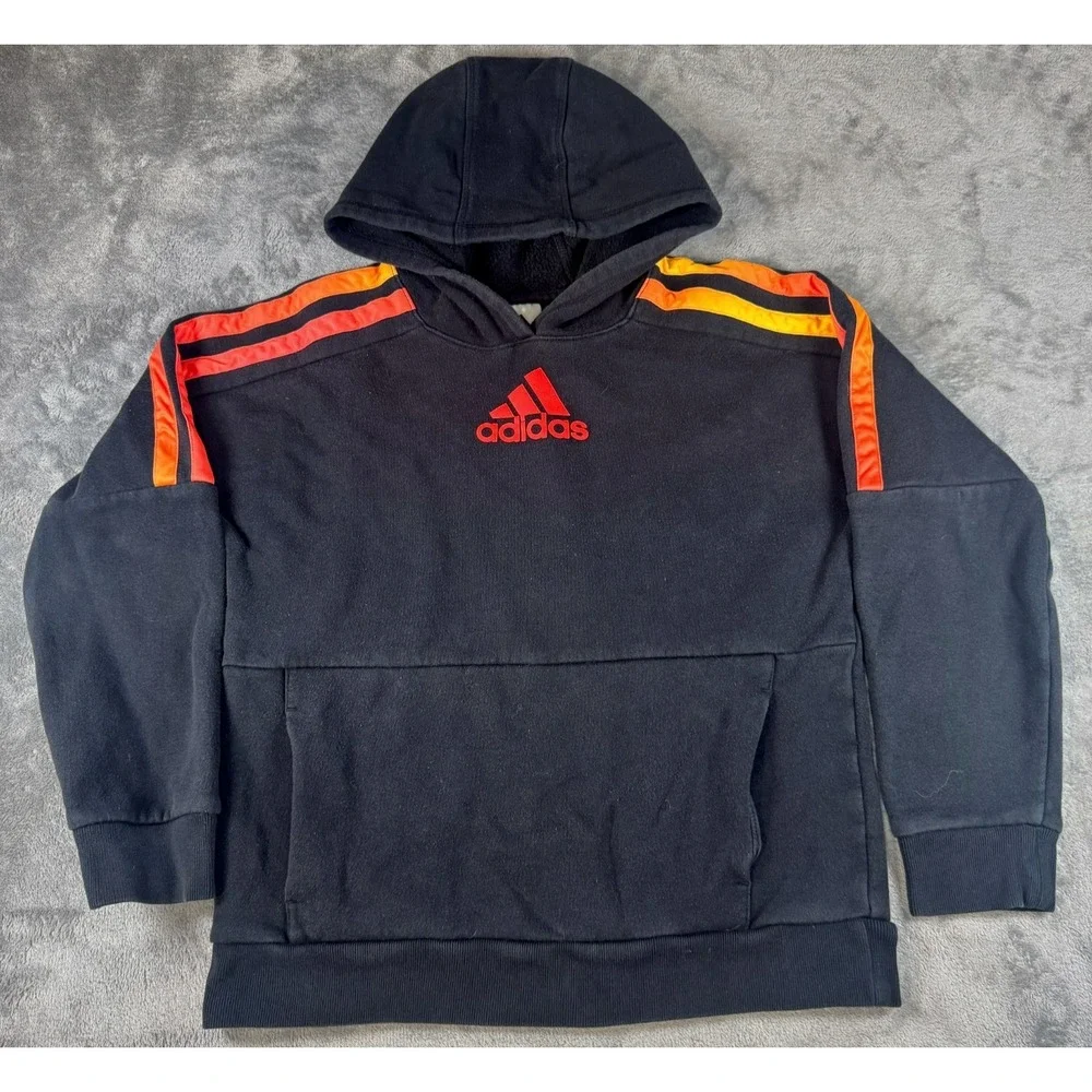 Adidas Youth Black and Orange Graphic‎ Logo Pullover Hoodie 3-Stripe LG 14/16